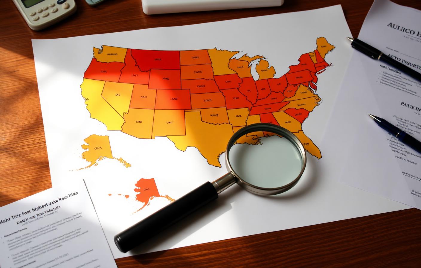 US state map with red and orange heat overlay showing states with the highest 2026 auto insurance rate hikes