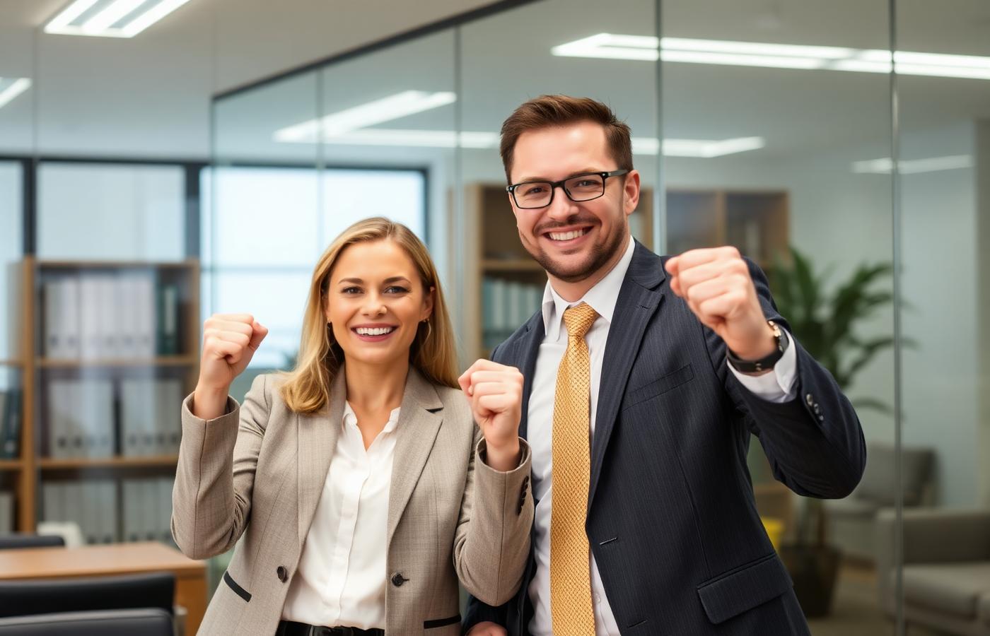 Smiling client celebrating a successful car insurance claim appeal with their lawyer in a modern law office
