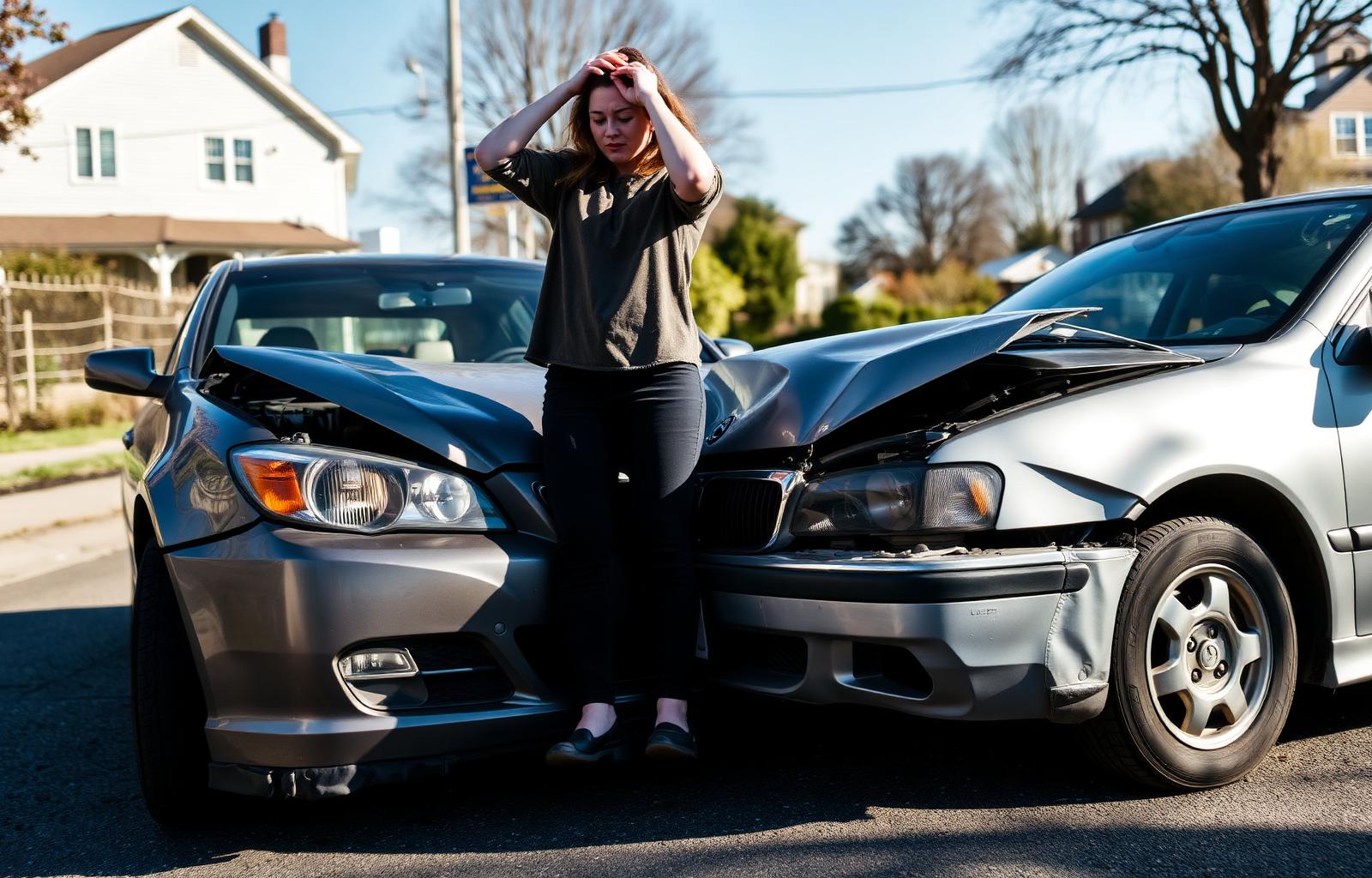 Stressed driver standing between two damaged cars after a collision with an uninsured motorist