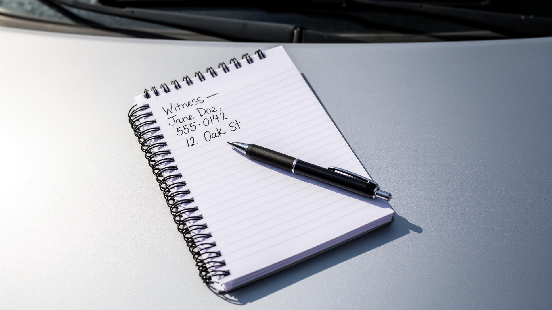 Hand writing witness contact details in a notebook at the scene of a car accident